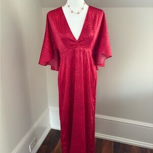 Fe Noel Red V-Neck Maxi Dress with Flutter Sleeves